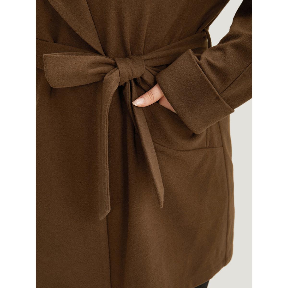 Plus Size Plain Lapel Collar Pocket Belted Coat Women DarkBrown Casual Plain Ladies Dailywear Winter Coats BloomChic 18-20/2X Product Image