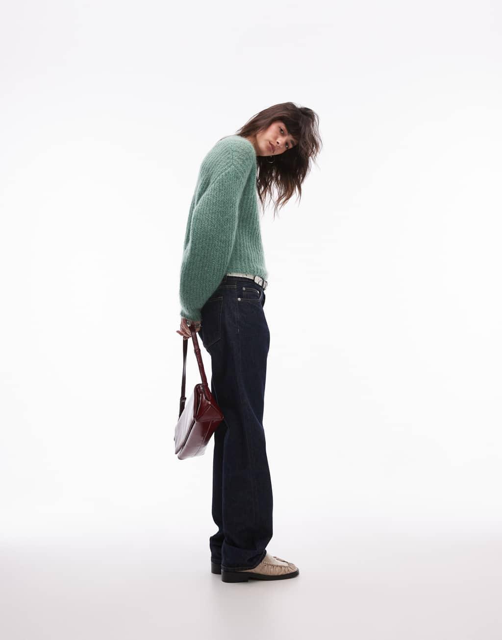 Topshop premium 70% mohair ribbed sweater in green Product Image