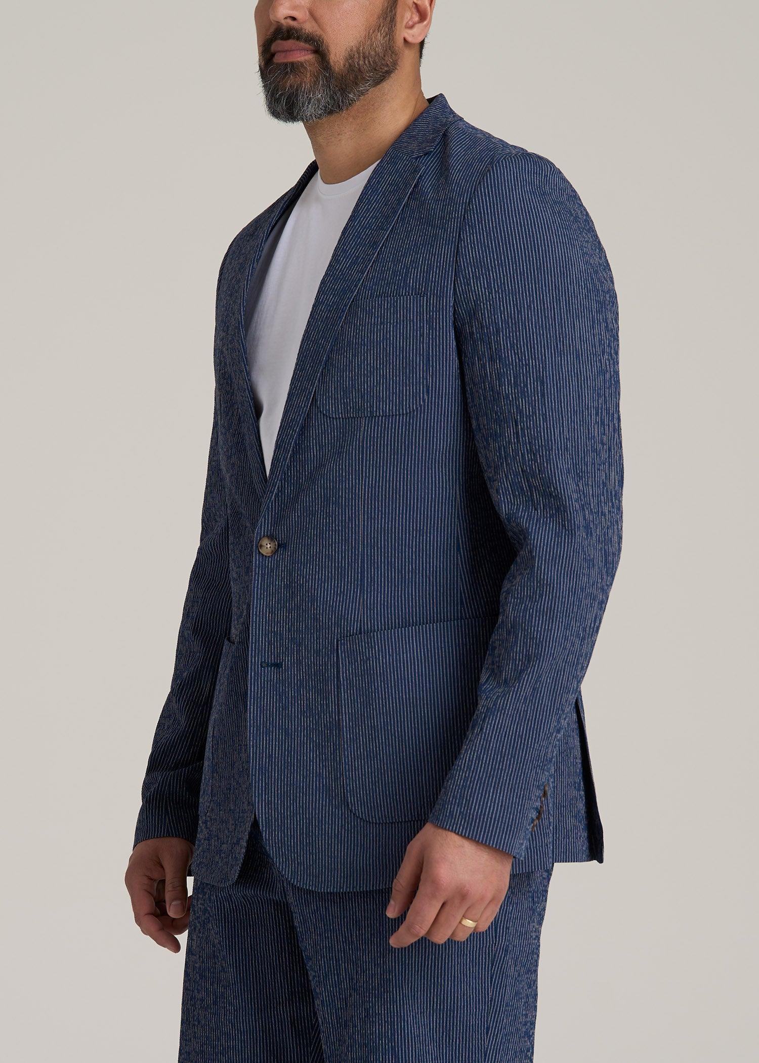 Stretch Seersucker Blazer for Tall Men in Navy and Off White Stripe Product Image