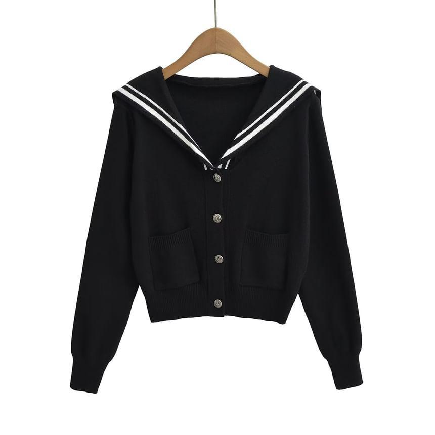 Sailor Collar V-Neck Striped Trim Crop Cardigan Product Image