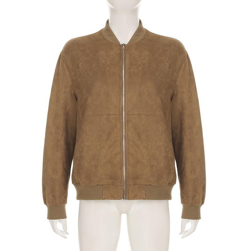 Plain Faux Suede Zip Baseball Jacket Product Image