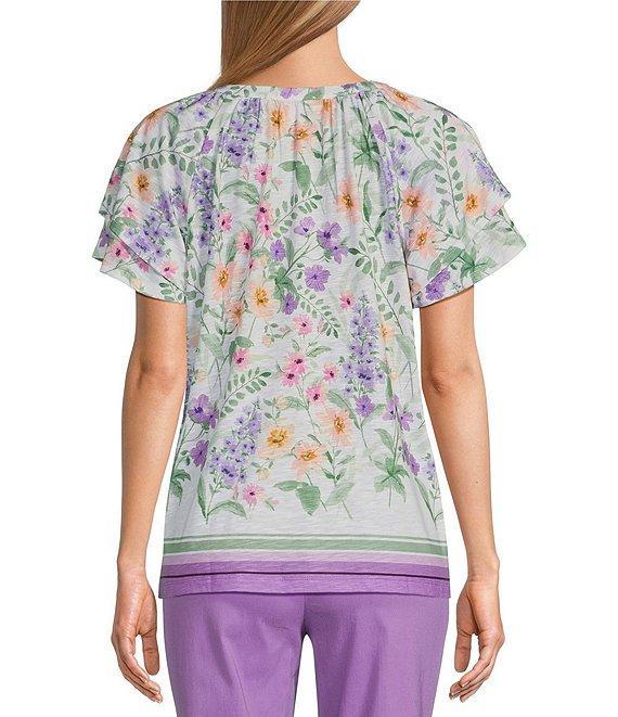 Allison Daley Wildflower Border Print Flutter Sleeve Tassel Tie Neck Knit Top Product Image