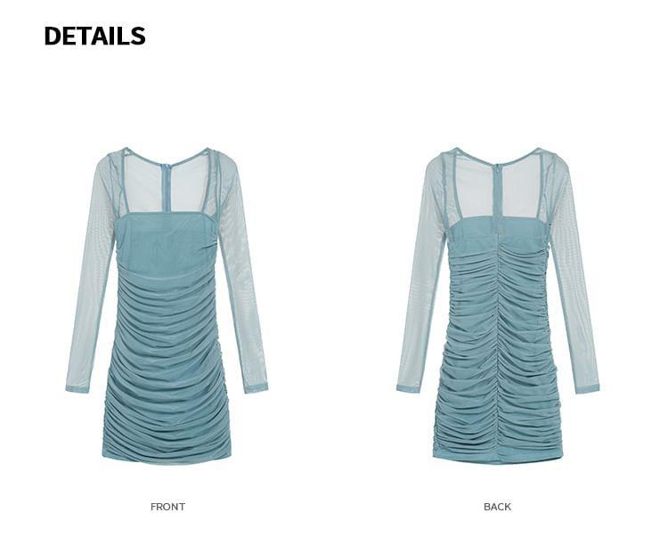 Long-Sleeve Square Neck Plain Ruched Mesh Panel Mini Bodycon Dress Product Image