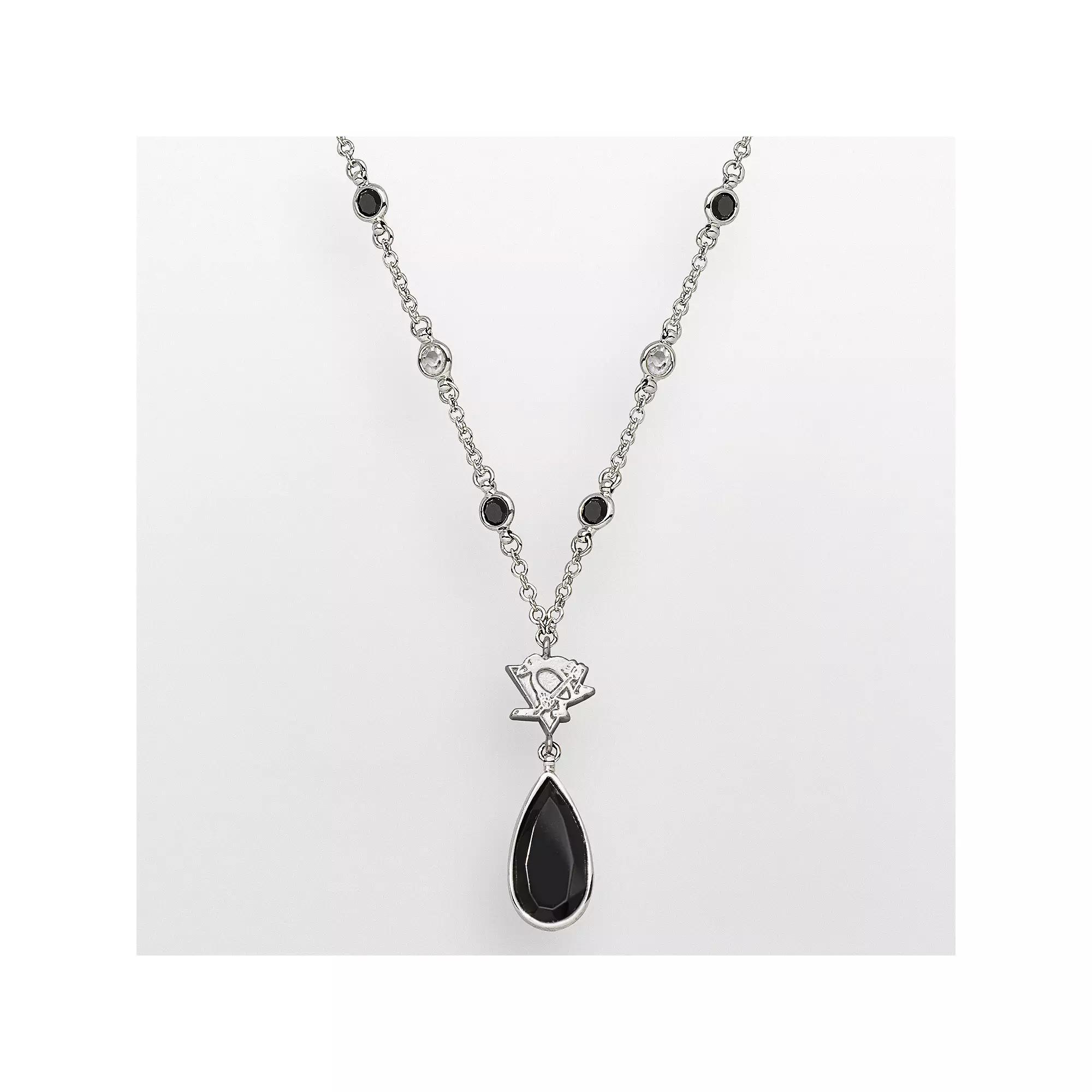 LogoArt Pittsburgh Penguins Silver Tone Crystal Logo Teardrop Y Necklace, Women's Product Image