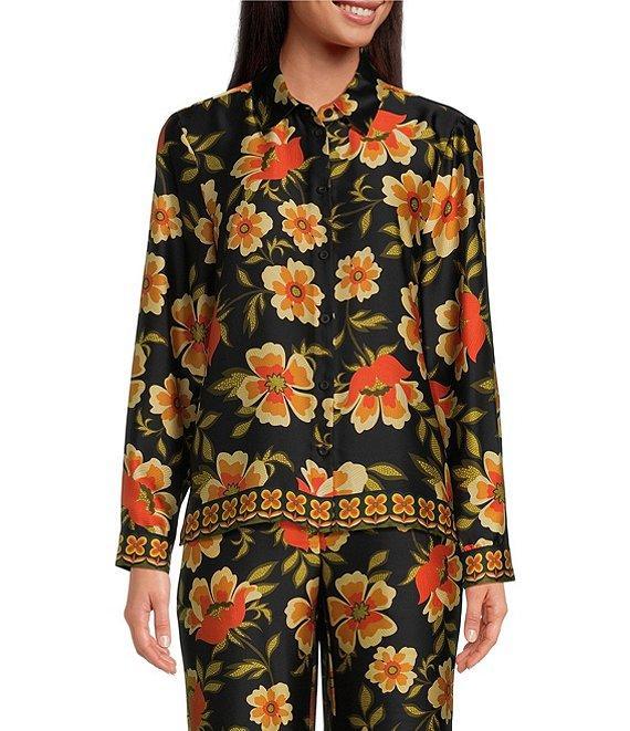 Chelsea & Violet Cora Floral Print Woven Satin Point Collar Button Front Long Sleeve Coordinating Blouse Product Image