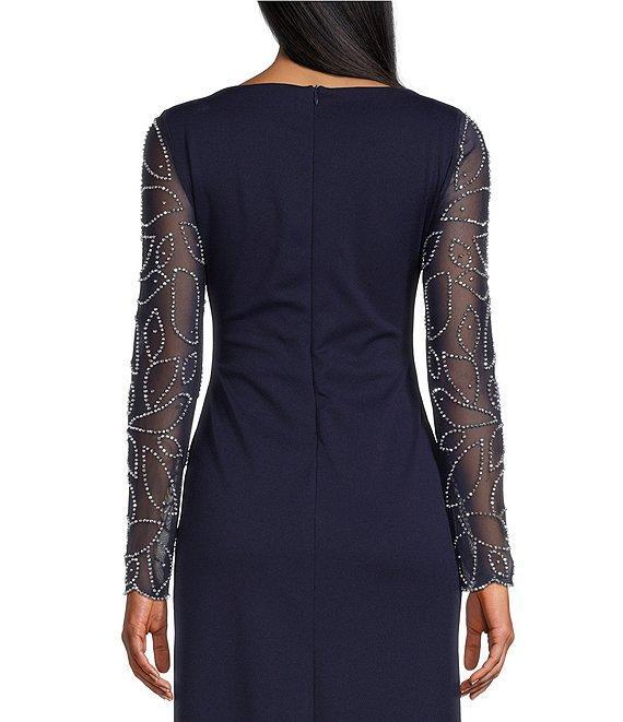 Marina Stretch Crepe Long Beaded Sleeve Round Neck Walk Thru Jumpsuit Product Image
