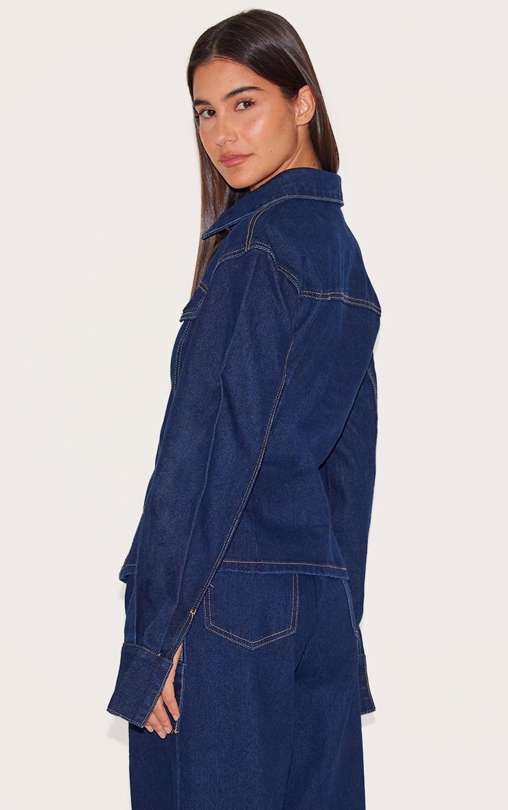 Indigo Contrast Stitch Long Sleeve Cinch Waist Denim Jacket Product Image
