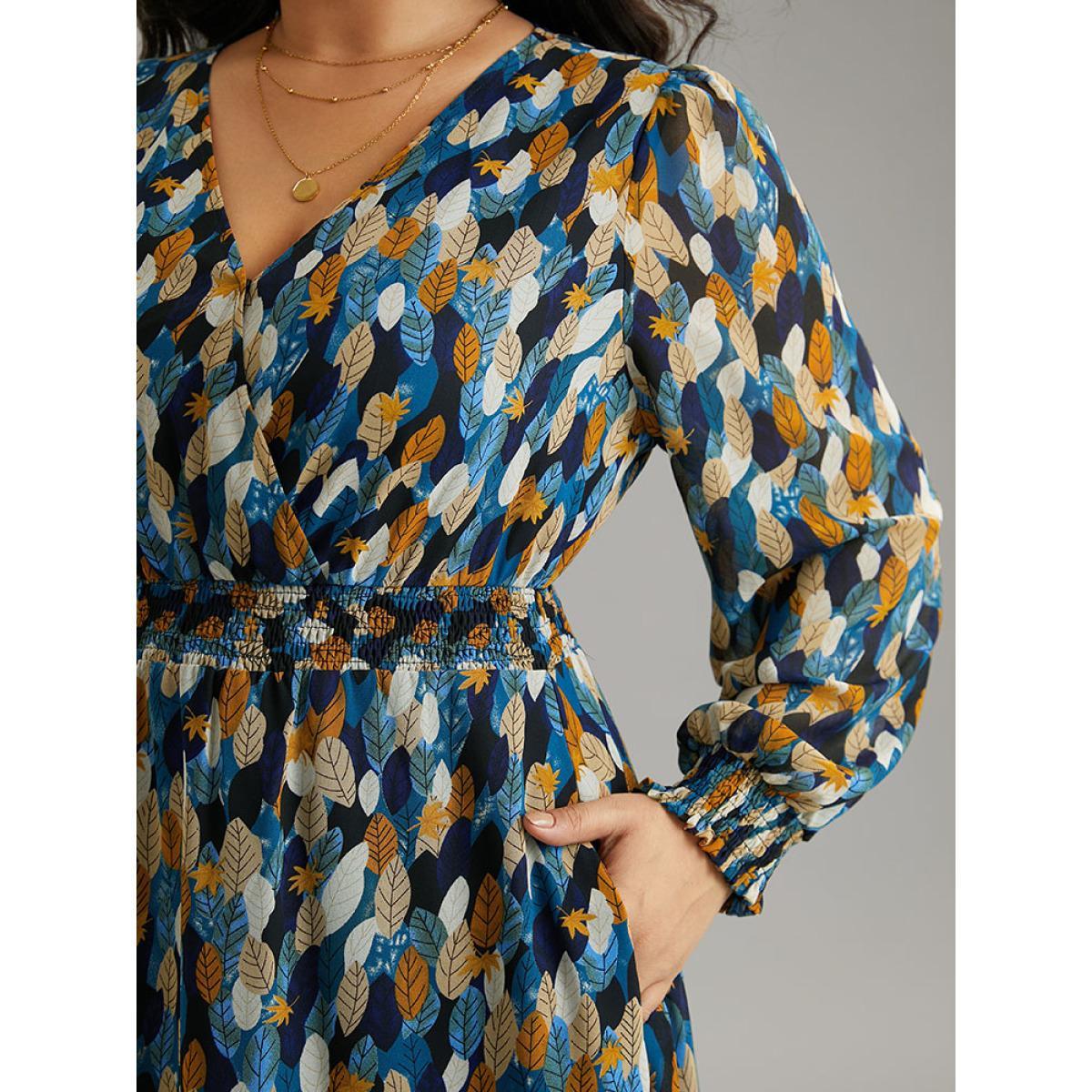 Plus Size Overlap Collar Feather Shirred Pocket Dress DarkBlue Women Elegant Wrap Overlap Collar Long Sleeve Curvy Midi Dress BloomChic 18-20/2X Product Image