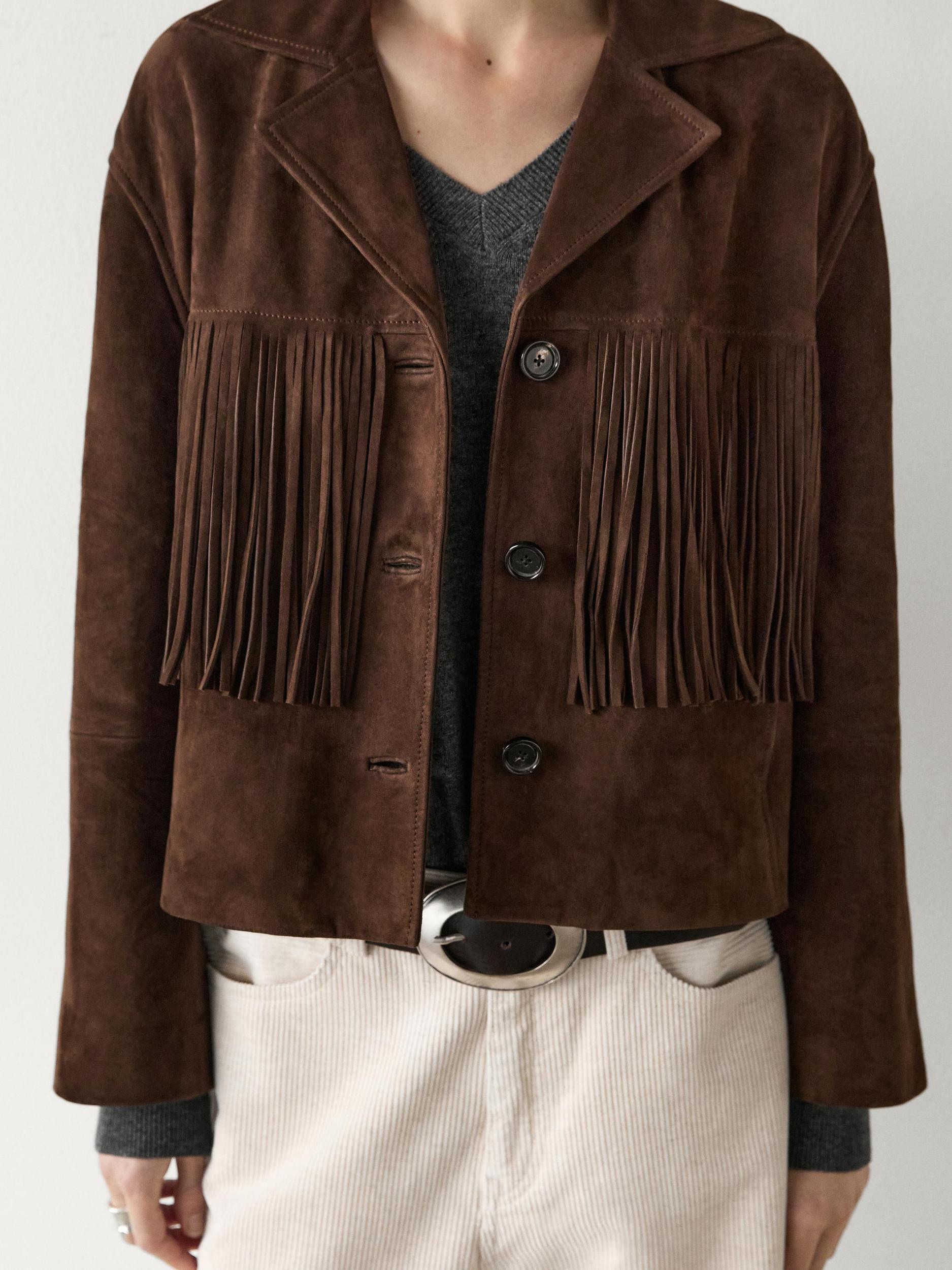 Suede jacket with leather fringing Product Image