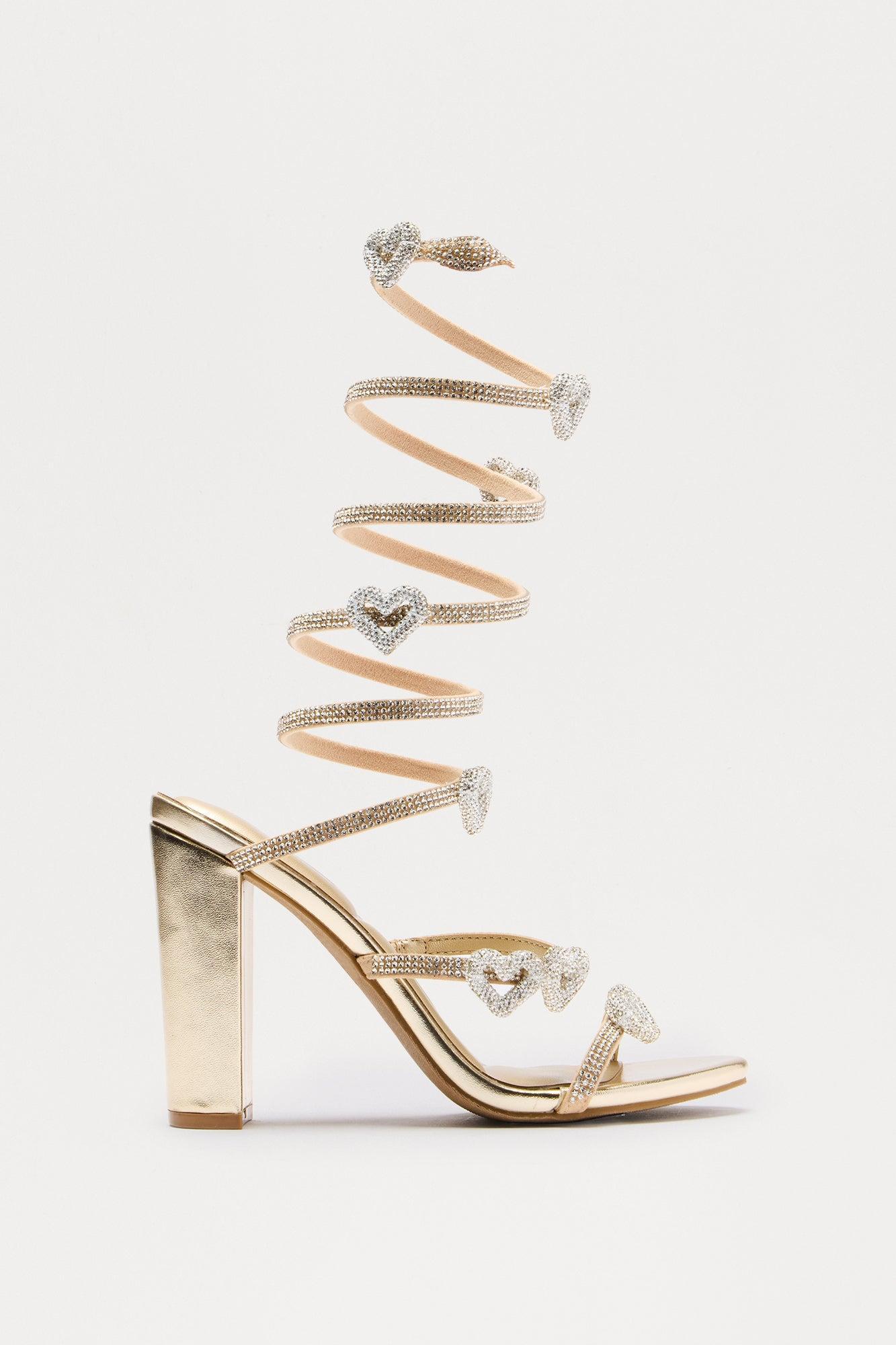Jazz Rhinestone Heart Wrap Up Heels - Gold Product Image