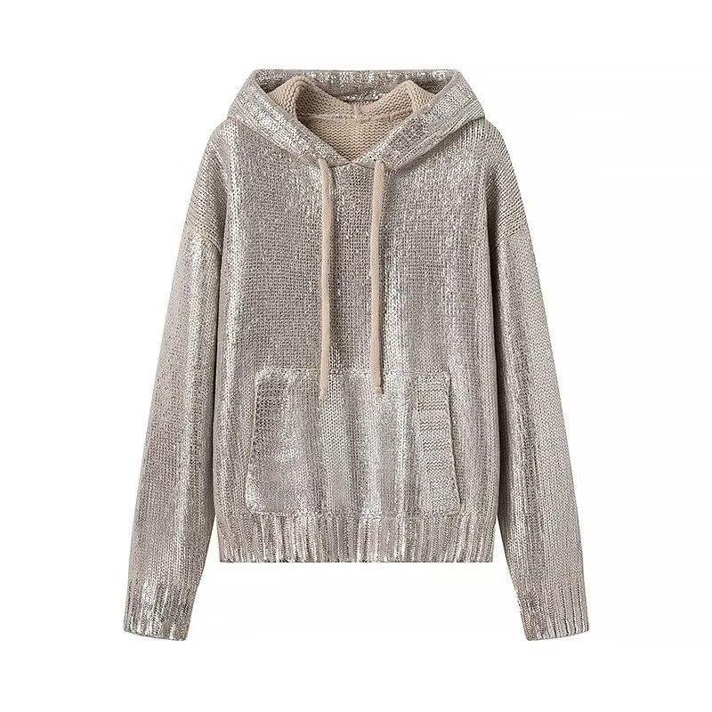Metallic Drawstring Knit Hoodie Product Image