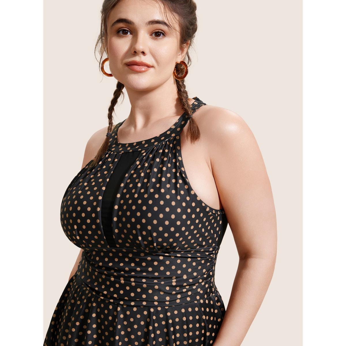 Plus Size Polka Dot Halter Neck Gathered Swim Dress Women's Swimwear Black Beach Bodycon Halter neck High stretch Curve Swim Dresses BloomChic 14-16/1X Product Image