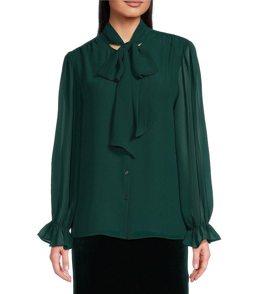 Alex Marie Abigail Woven Georgette Split Round Tie Neck Long Blouson Sleeve Button Front Blouse Product Image