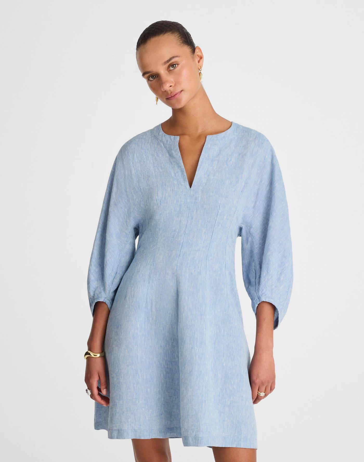 Splitneck Mini Dress in 100% Linen Product Image