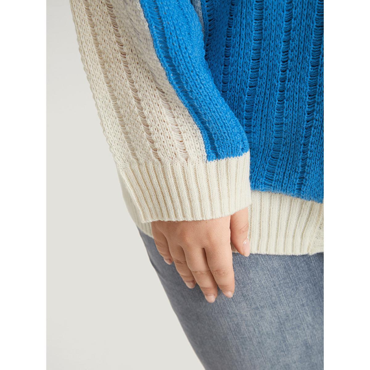 Plus Size Colorblock Contrast Button Down Drop Shoulder Cardigan Blue Women Casual Loose Long Sleeve Everyday Cardigans BloomChic 30/6X Product Image