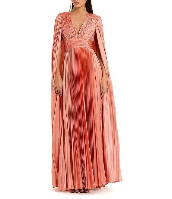Mac Duggal Pleated Charmeuse V-Neck Cape Sleeve Gown Product Image