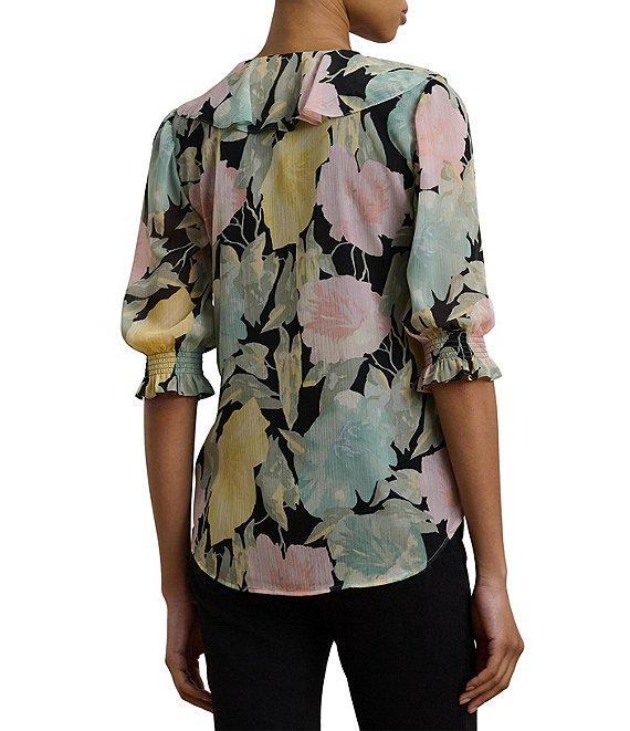 Lauren Ralph Lauren Floral Crinkle Georgette V-Neck Ruffle Trim Blouse Product Image