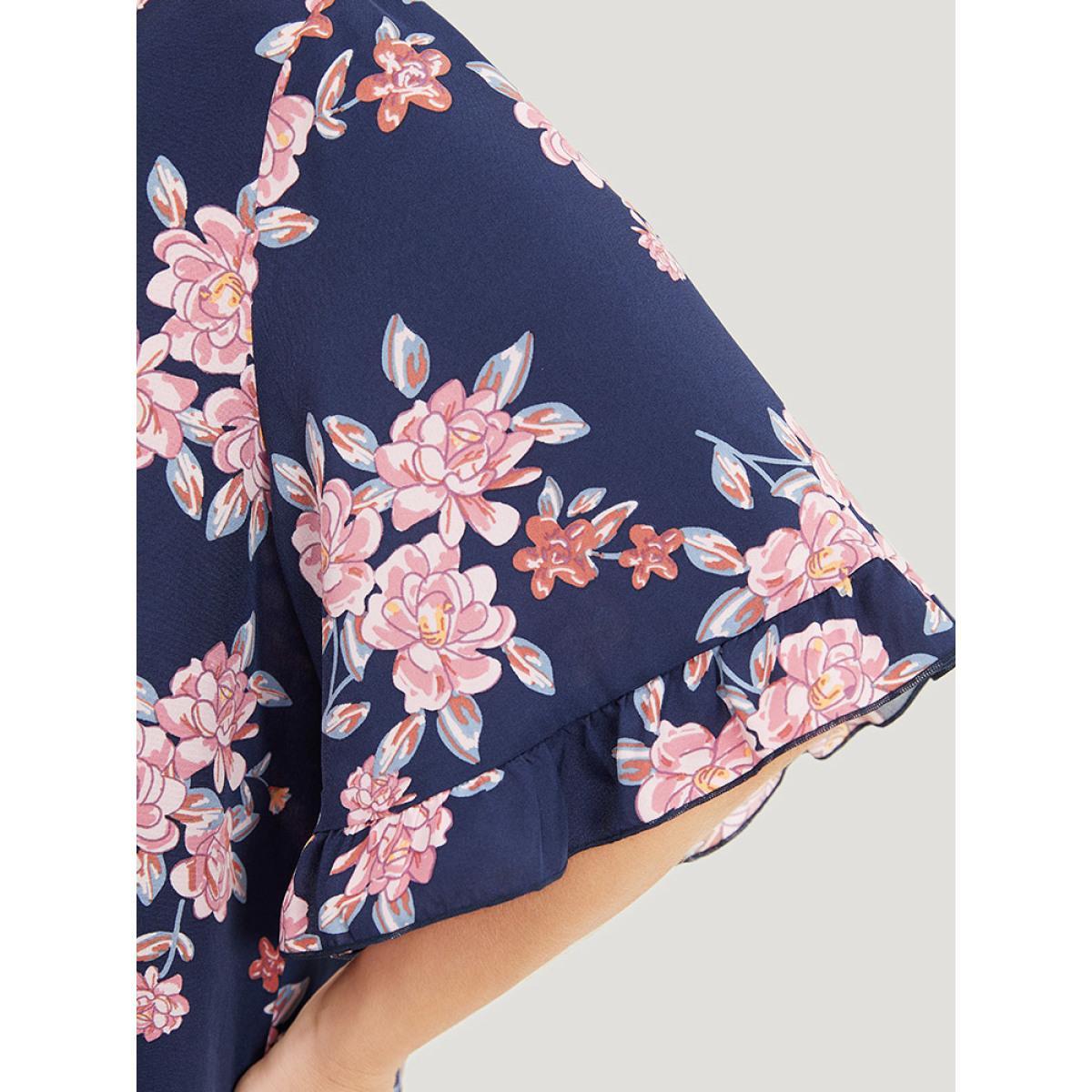 Plus Size Indigo Floral Printed Gathered Ruffle Sleeve Blouse Women Elegant Half Sleeve V-neck Dailywear Blouses BloomChic 10/M Product Image