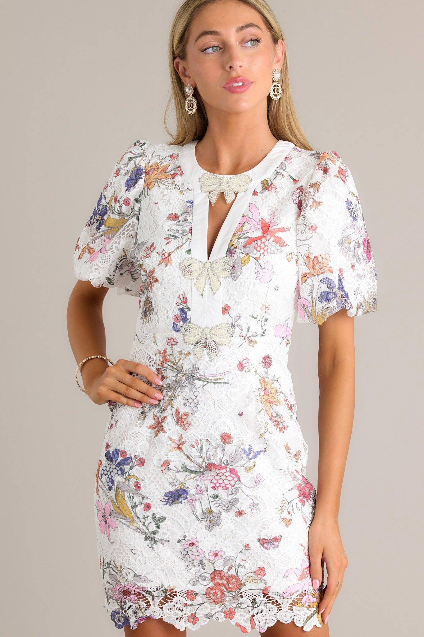 Floral Symphony White Multi Floral Lace Mini Dress Product Image