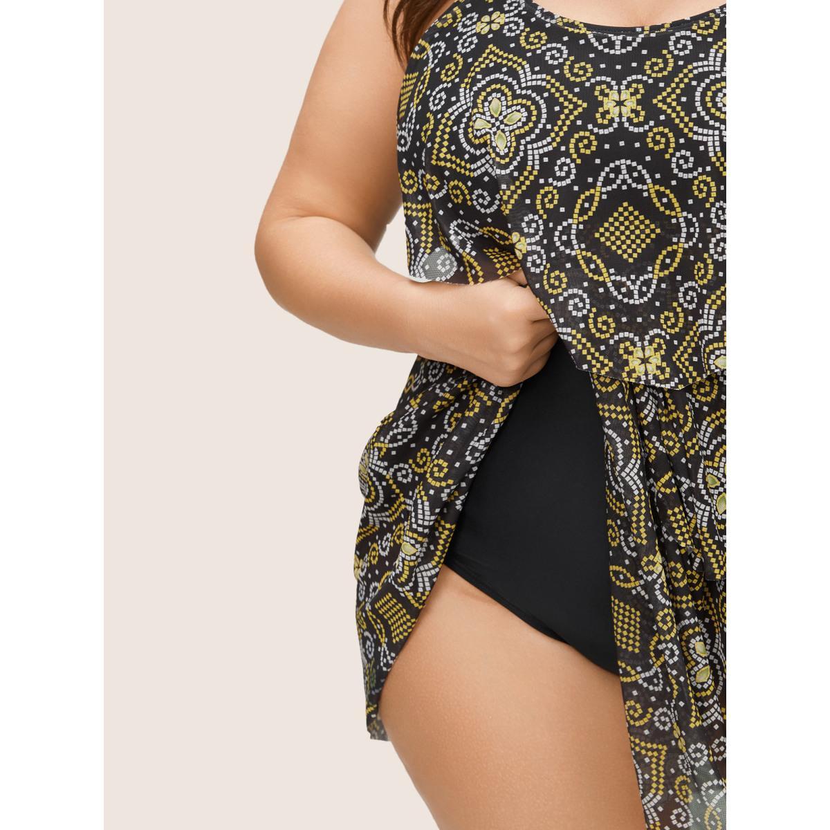 Plus Size Moroccan Print Mesh Adjustable Straps Swim Dress Women's Swimwear Black Beach Bodycon U-neck High stretch Curve Swim Dresses BloomChic 18-20/2X Product Image