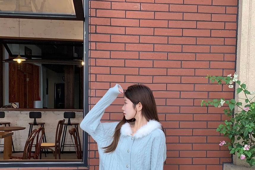 Fluffy Trim Cable Knit Cardigan Product Image