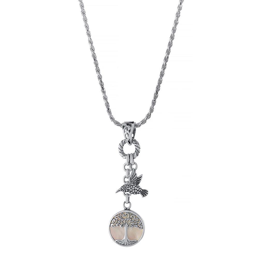 Athra NJ Inc Sterling Silver Oxidized Mother Of Pearl Tree Of Life & Bird Pendant Drop Necklace, Women's, Size: 18" Product Image