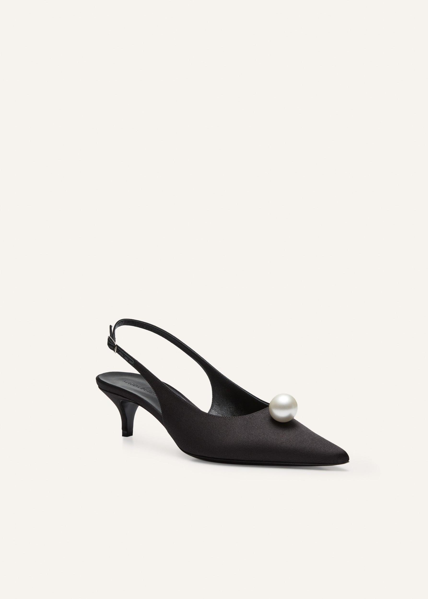 Slingback pearl kitten heels in black satin Product Image