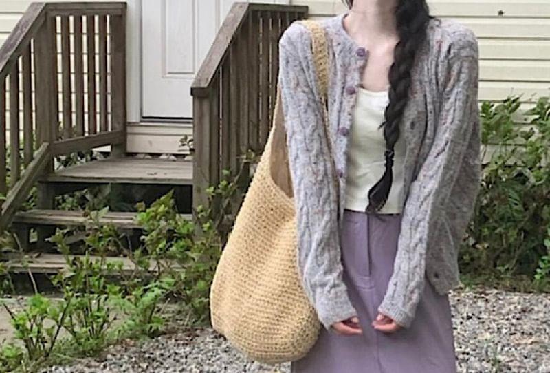 Plain Cable-Knit Cardigan / High Waist Maxi H-Line Skirt Product Image