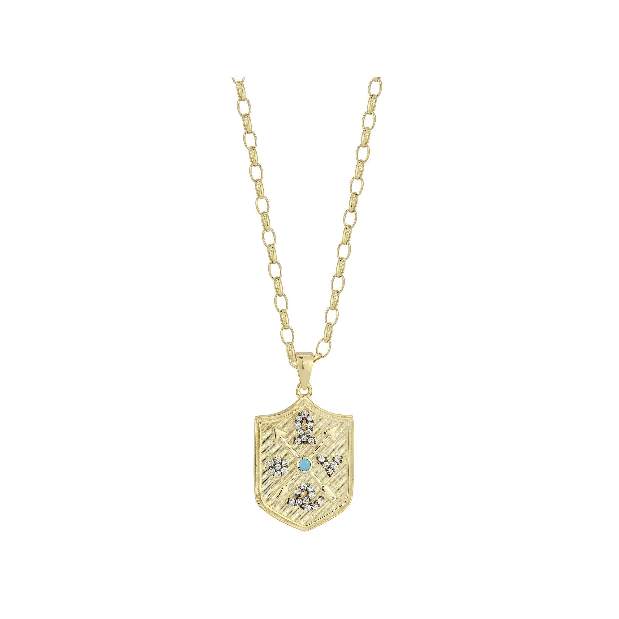Sunkissed Sterling Sterling Silver Cubic Zirconia Simulated Turquoise Love Shield Pendant Necklace, Women's, Size: 18", Gold Tone Product Image