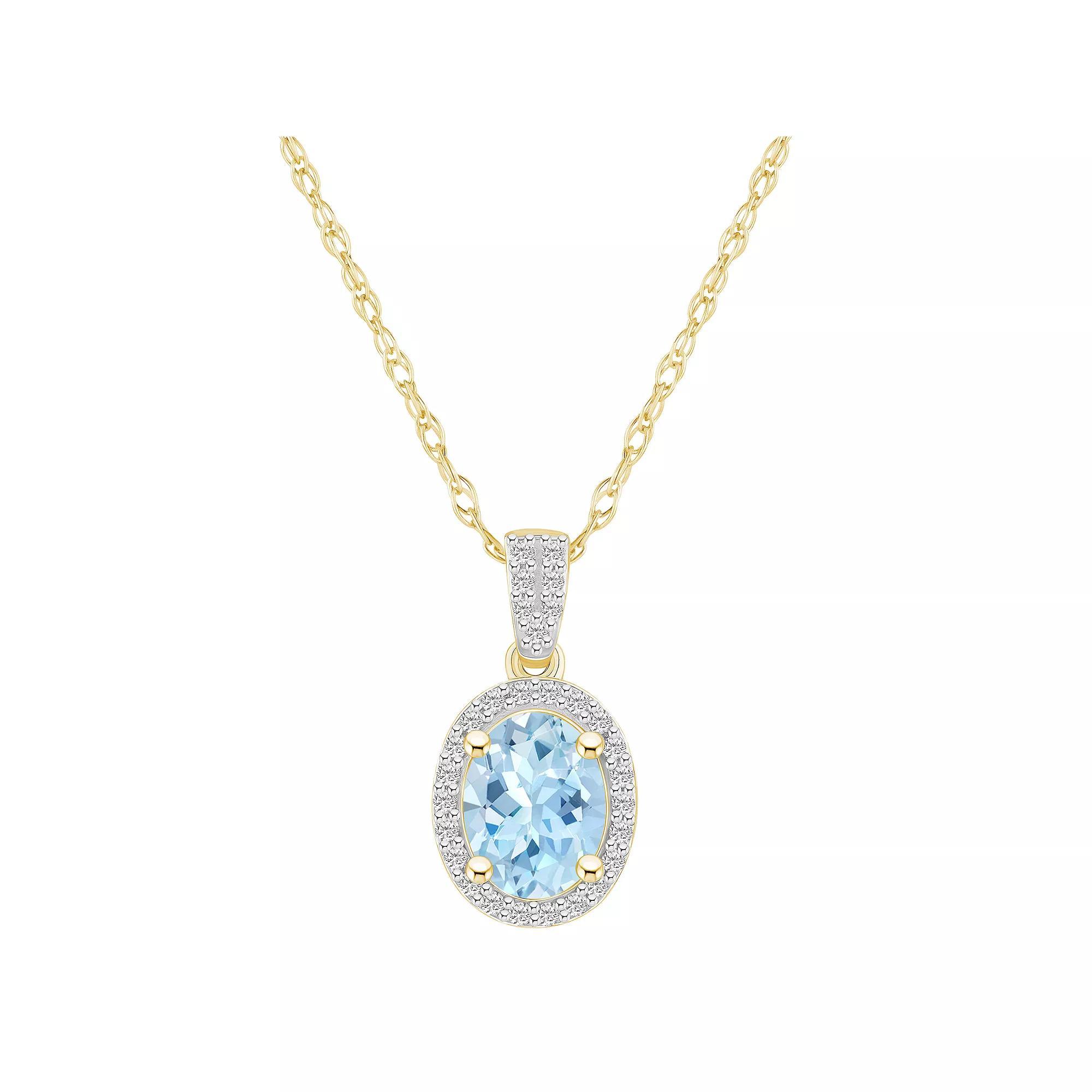 Celebration Gems 10k Gold Oval Gemstone & Lab-Created White Sapphire Halo Pendant Necklace, Women's, Size: 18", Simulated Aquamarine Product Image