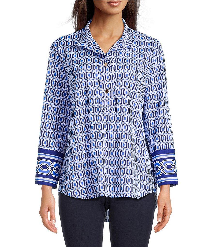 Jude Connally Belinda Terrace Geo Print Jude Cloth Stretch Knit Wrinkle-Free Stand Collar Stand Collar 3/4 Sleeve Top Product Image