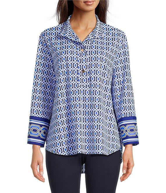 Jude Connally Belinda Terrace Geo Print Jude Cloth Stretch Knit Wrinkle-Free Stand Collar Stand Collar 3/4 Sleeve Top Product Image