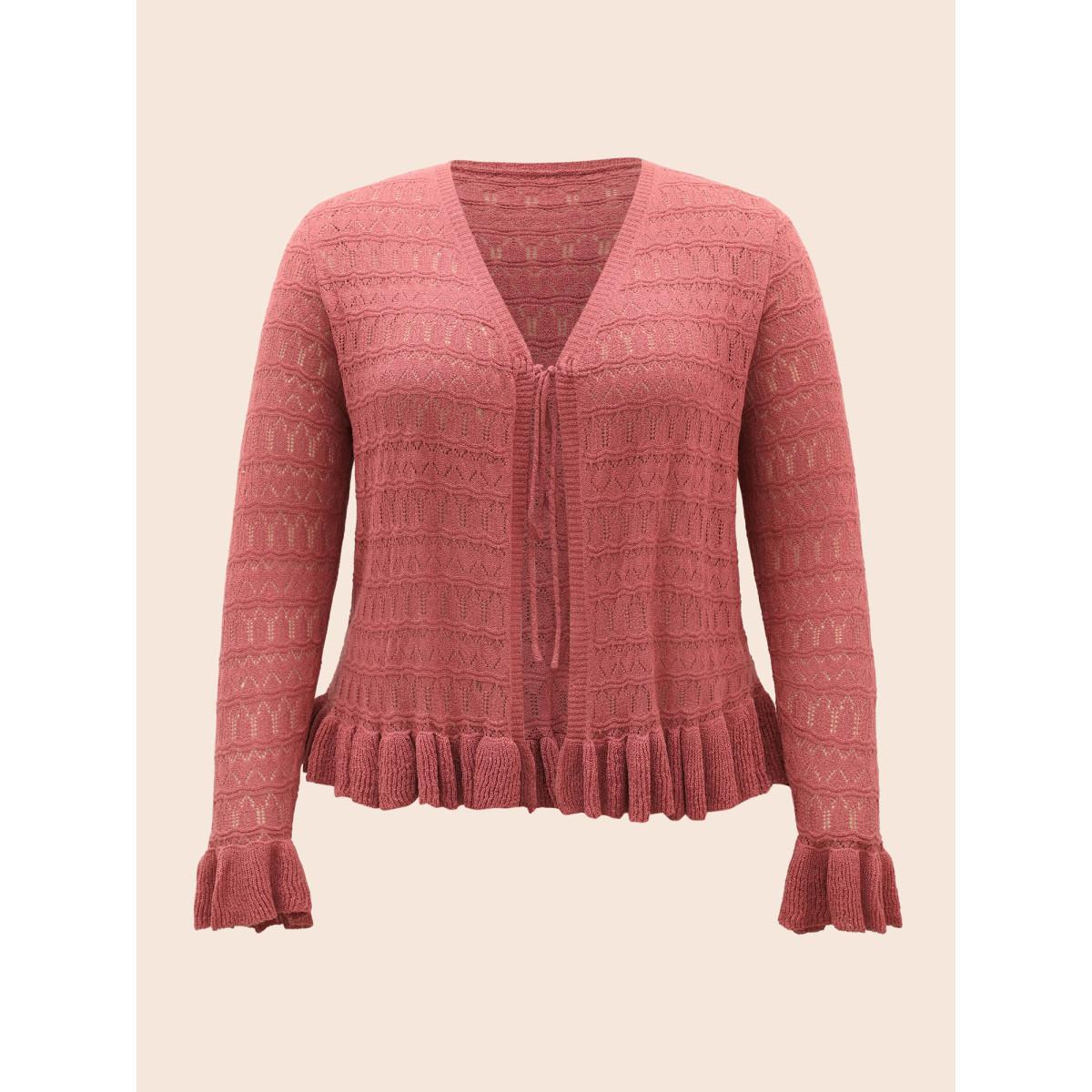 Plus Size Texture Ruffles Tie Knot Bell Sleeve Cardigan Beanpastepowder Women Casual Loose Long Sleeve Everyday Cardigans BloomChic 30/6X Product Image