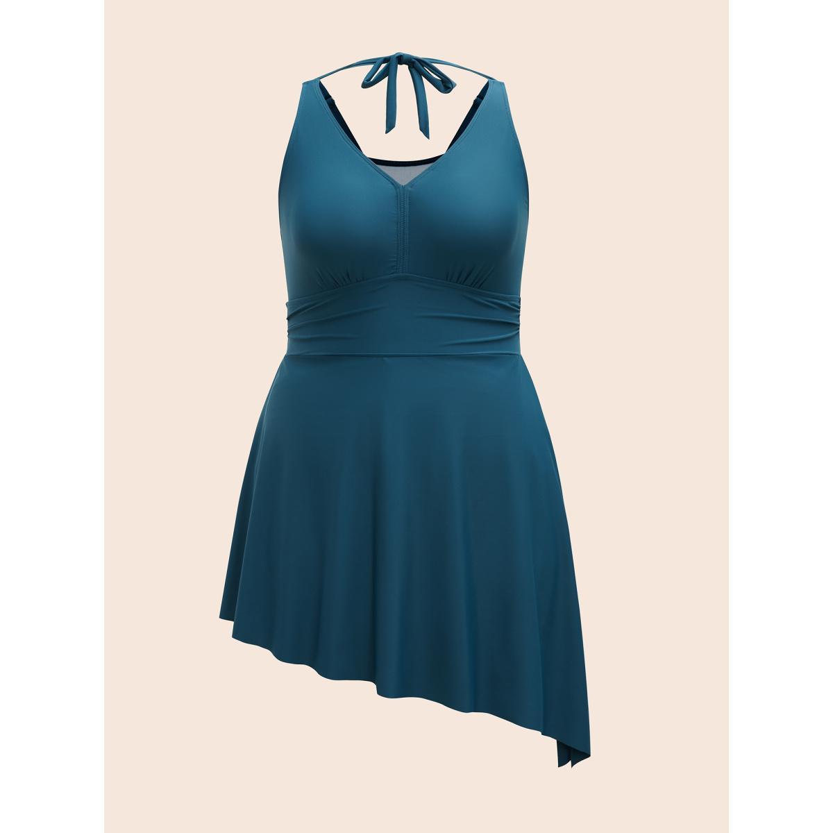 Plus Size Side-Tie Halter Neck Pockets Swim Dress Women's Swimwear Cyan Beach Bodycon V-neck High stretch Curve Swim Dresses BloomChic 22-24/3X Product Image