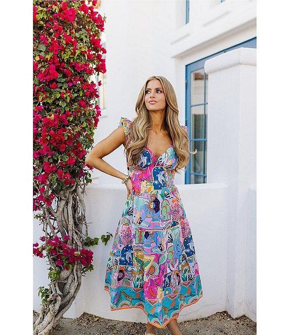 J.Marie Sloane Printed V-Neck Ruffle Sleeve A-Line Dress Product Image