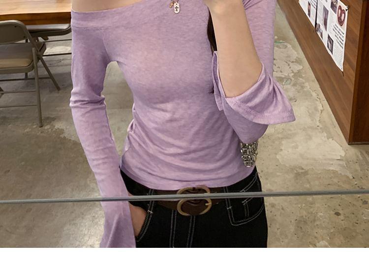 Bell Sleeve Cold Shoulder Plain Slim-Fit Top Product Image