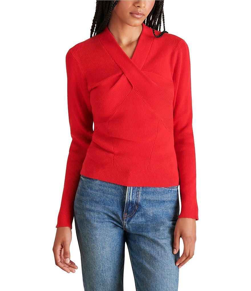 Steve Madden Francesco Rib Knit V-Neck Long Sleeve Front Twist Sweater Product Image