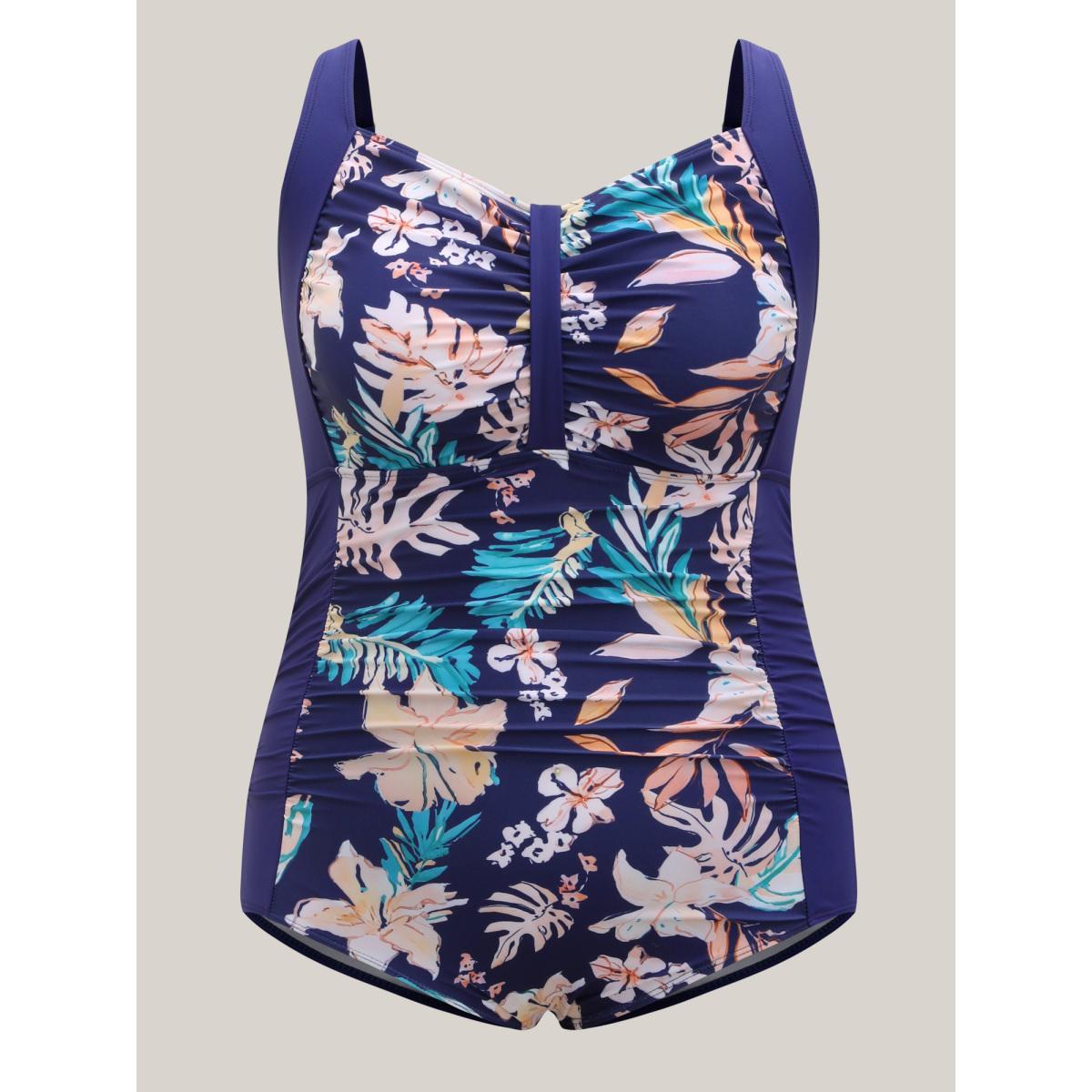 Plus Size Tropical Print Ruched One-Piece Swimsuit Women's Swimwear Indigo Beach Gathered Curve Bathing Suits High stretch One Pieces BloomChic 28/5X Product Image