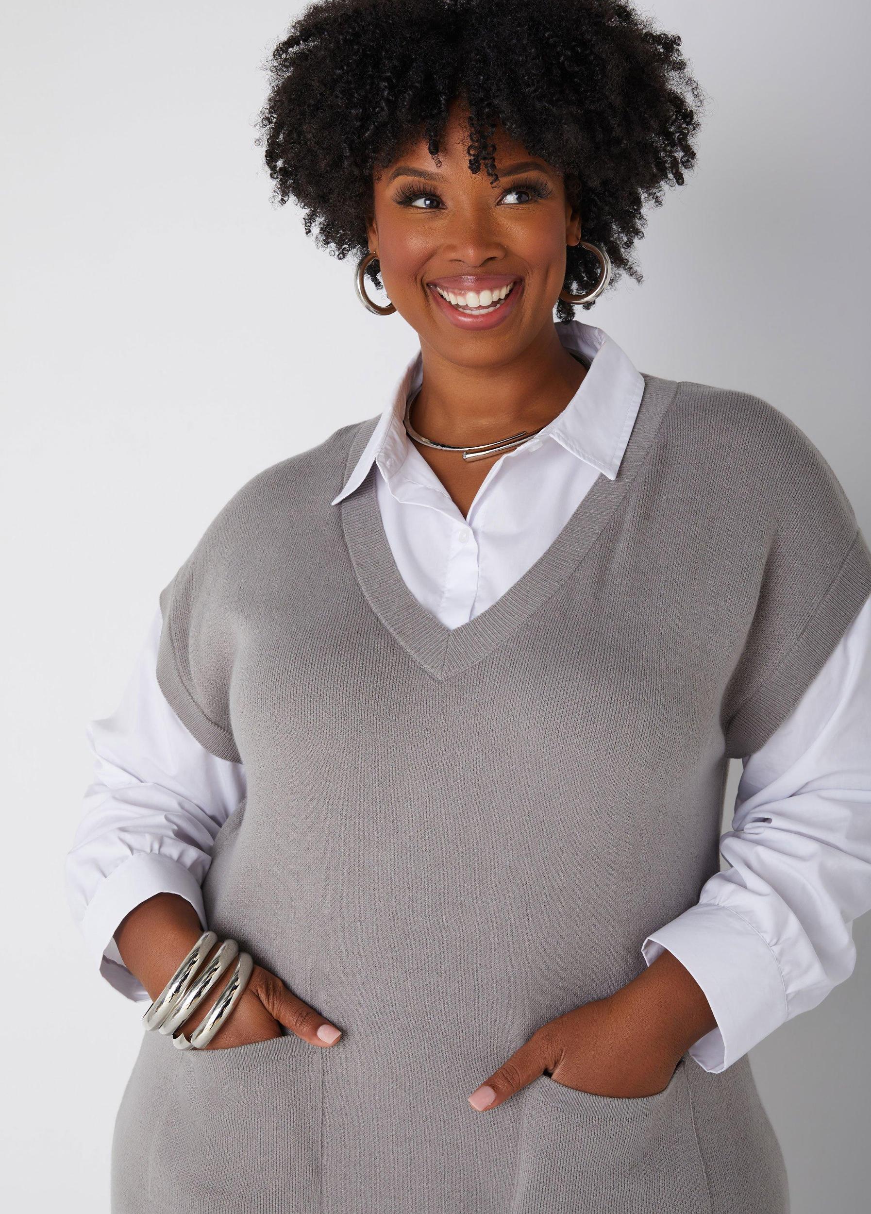Plus Size Poplin Paneled Sweater Dress Ashley Stewart Product Image