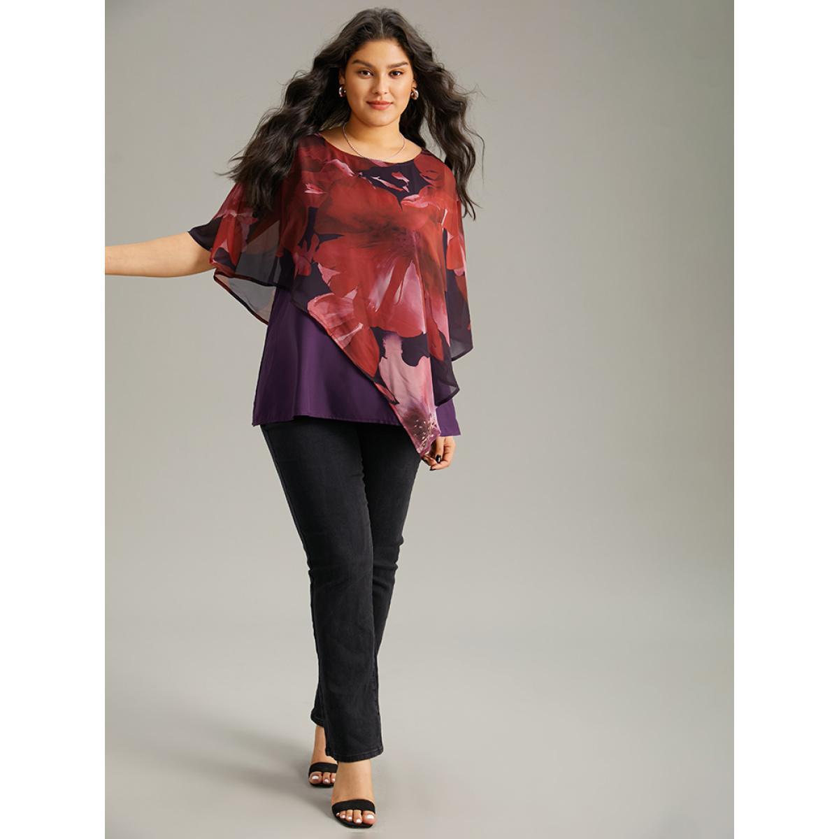 Plus Size Purple Floral Mesh Asymmetrical Dolman Sleeve Blouse Women Glamour Short sleeve Round Neck Going out Blouses BloomChic 12/L Product Image