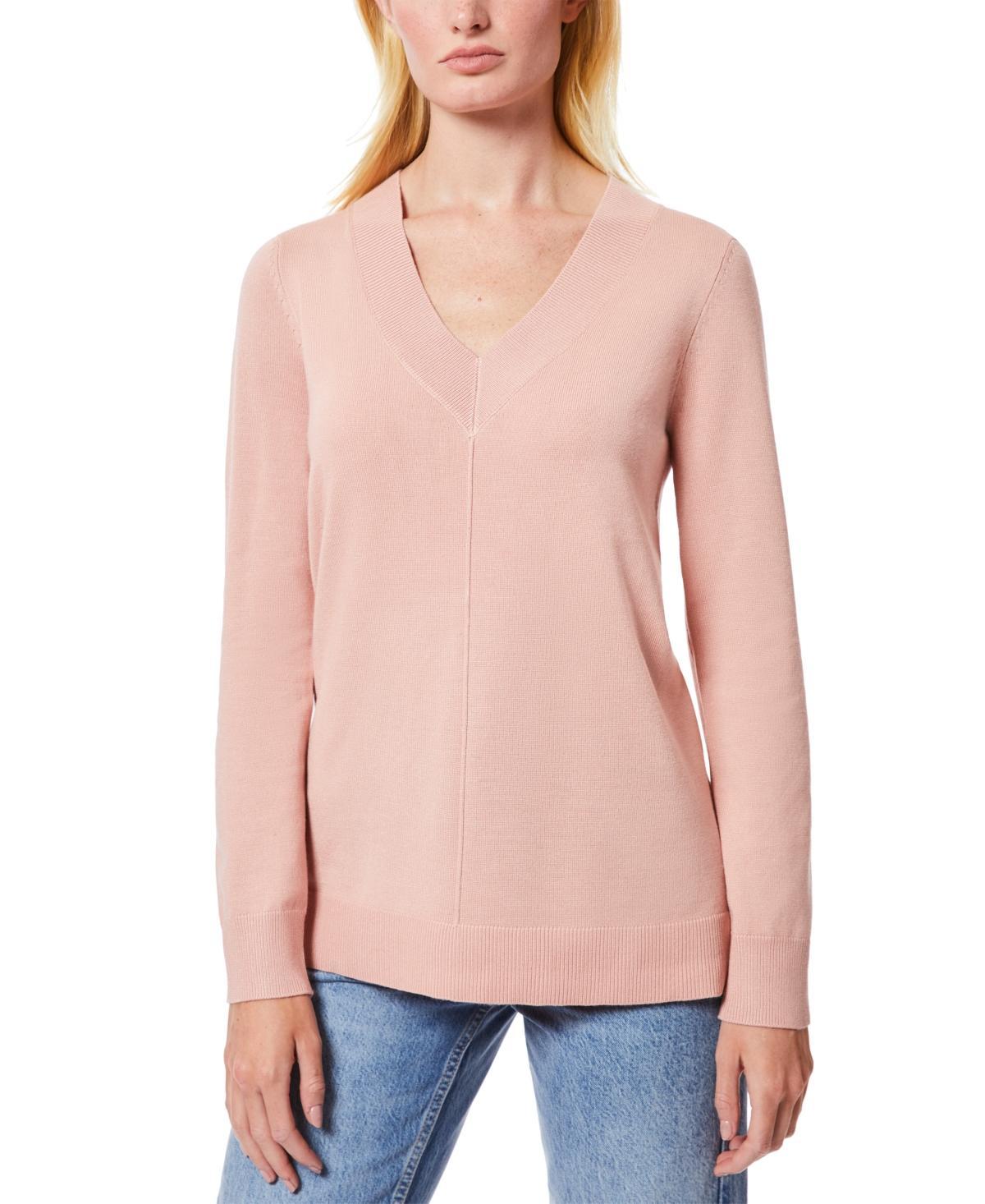 Melissa Paige Womens Ribbed Seamed Long-Sleeve High-Low-Hem V-Neck Sweater Product Image