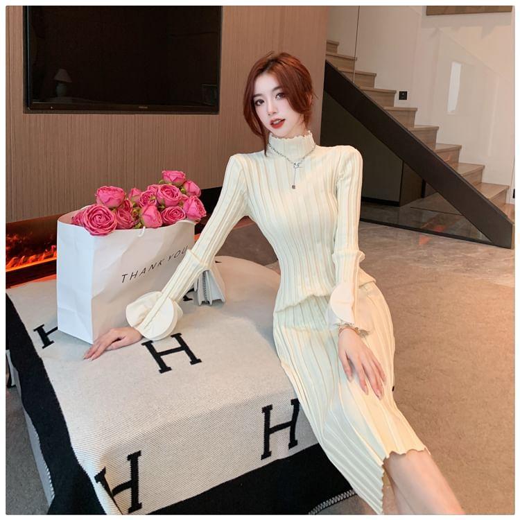 Long Sleeve Petal Cuff Mock Neck Plain Ribbed Midi Sheath Sweater Dress Product Image