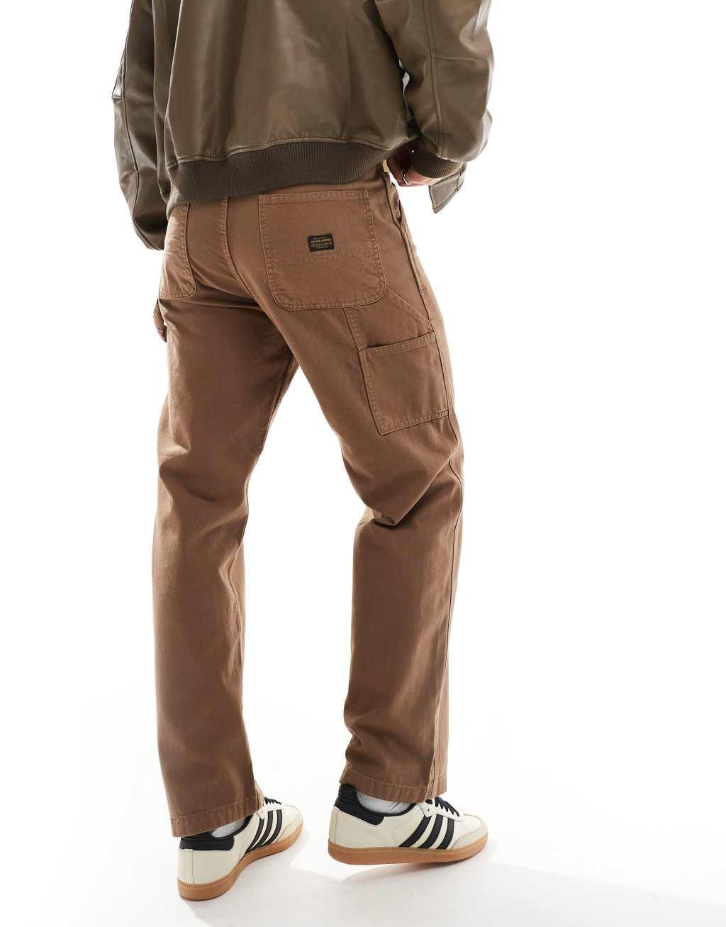 Jack & Jones Eddie loose carpenter pants in washed brown  Product Image