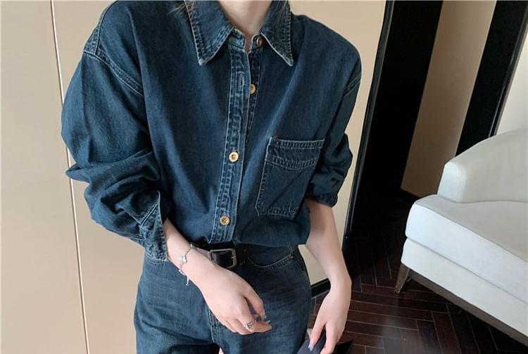 Long-Sleeve Washed Button-Up Denim Shirt / High Rise Wide Leg Jeans Product Image