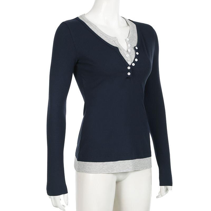 Long Sleeve V-Neck Mock Two Piece Tee Product Image