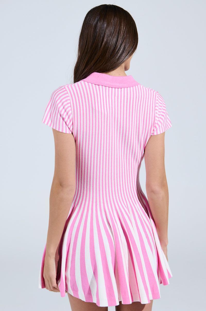 ALINA PLEATED KNIT FIT AND FLARE MINI DRESS IN PINK MULTI Product Image