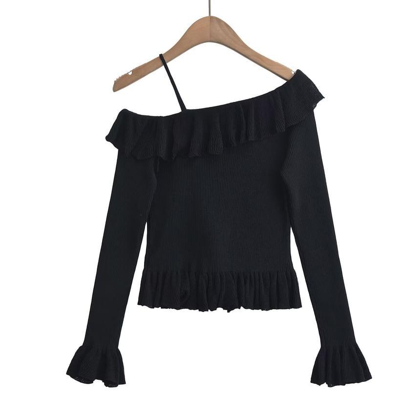 Cold-Shoulder Plain Ruffle Sweater Product Image