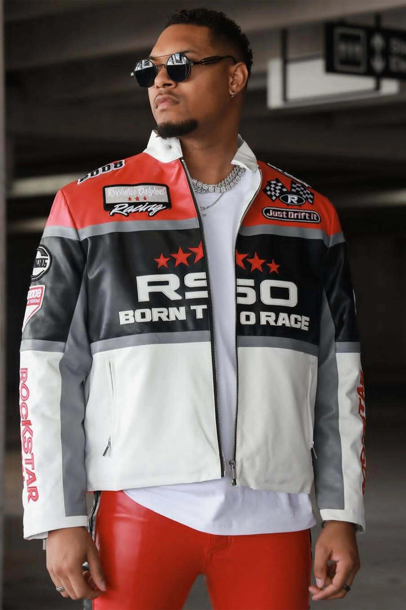 Balint Red/White Leather Moto Jacket Male Product Image