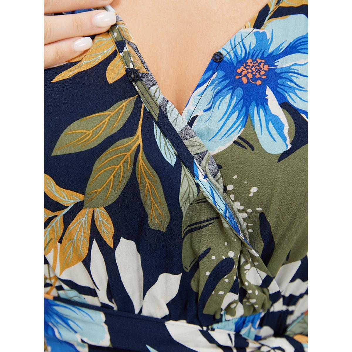 Plus Size Floral High Low Hem Pocket Ruffles Wrap Dress Indigo Women Elegant Wrap V-neck Short sleeve Curvy Midi Dress BloomChic 30/6X Product Image