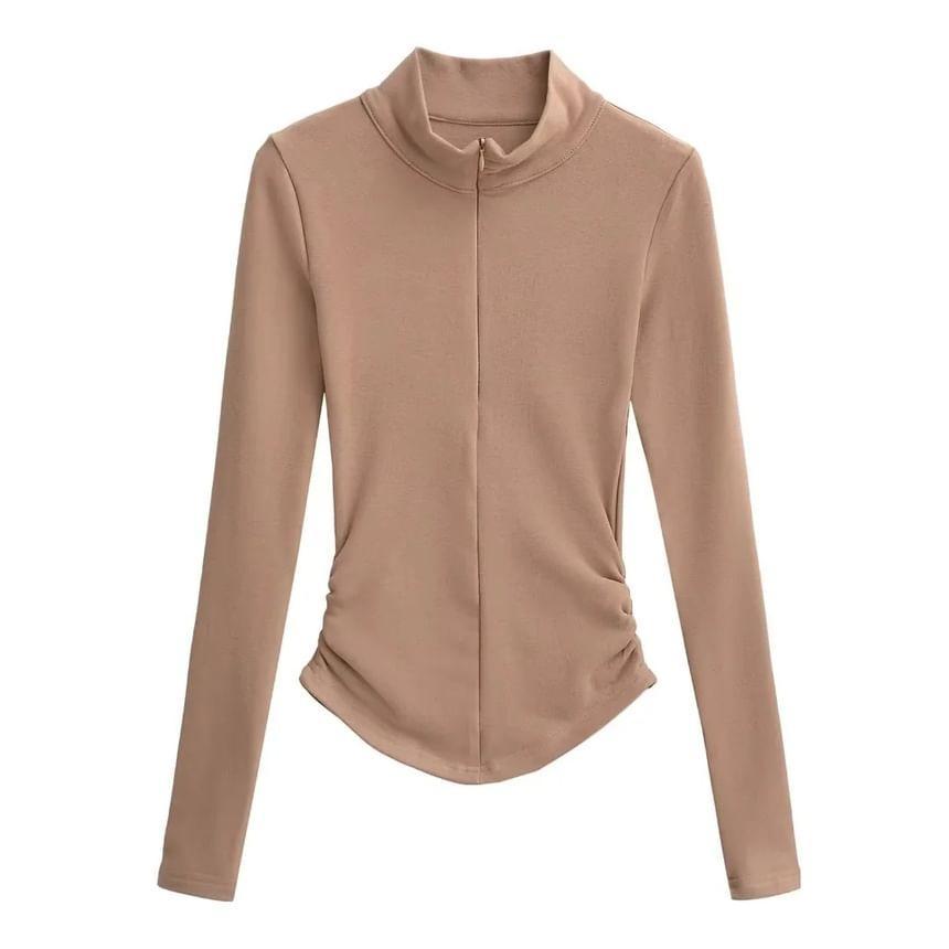 Long-Sleeve Stand Collar Plain Ruched T-Shirt / High Waist Plain Flared Pants Product Image